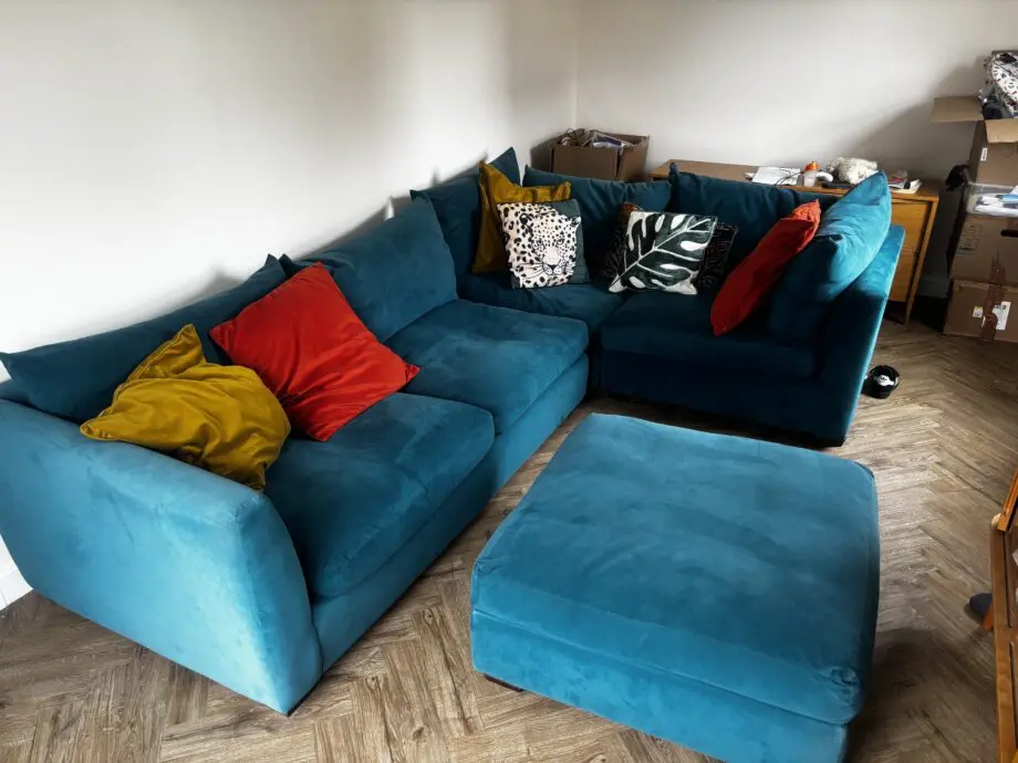 Teal velvet Lucas left corner sofa/chaise and footstool