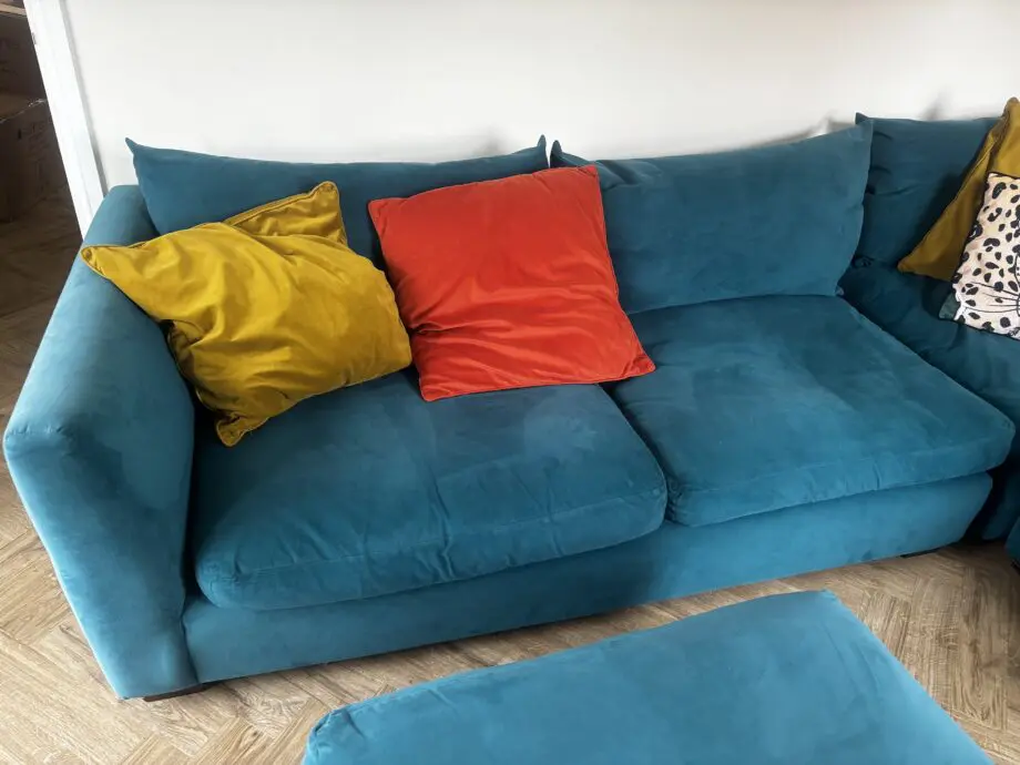 Teal velvet Lucas left corner sofa/chaise and footstool