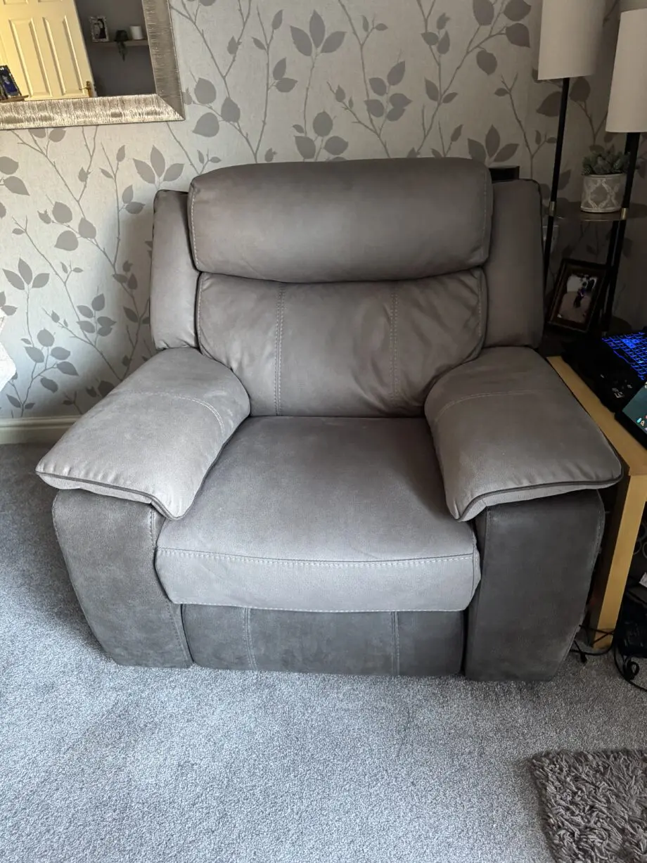 DFS Ryder power reclining 2 seater Sofa and 2 x power recliner chairs. Pewter and pepper colours.