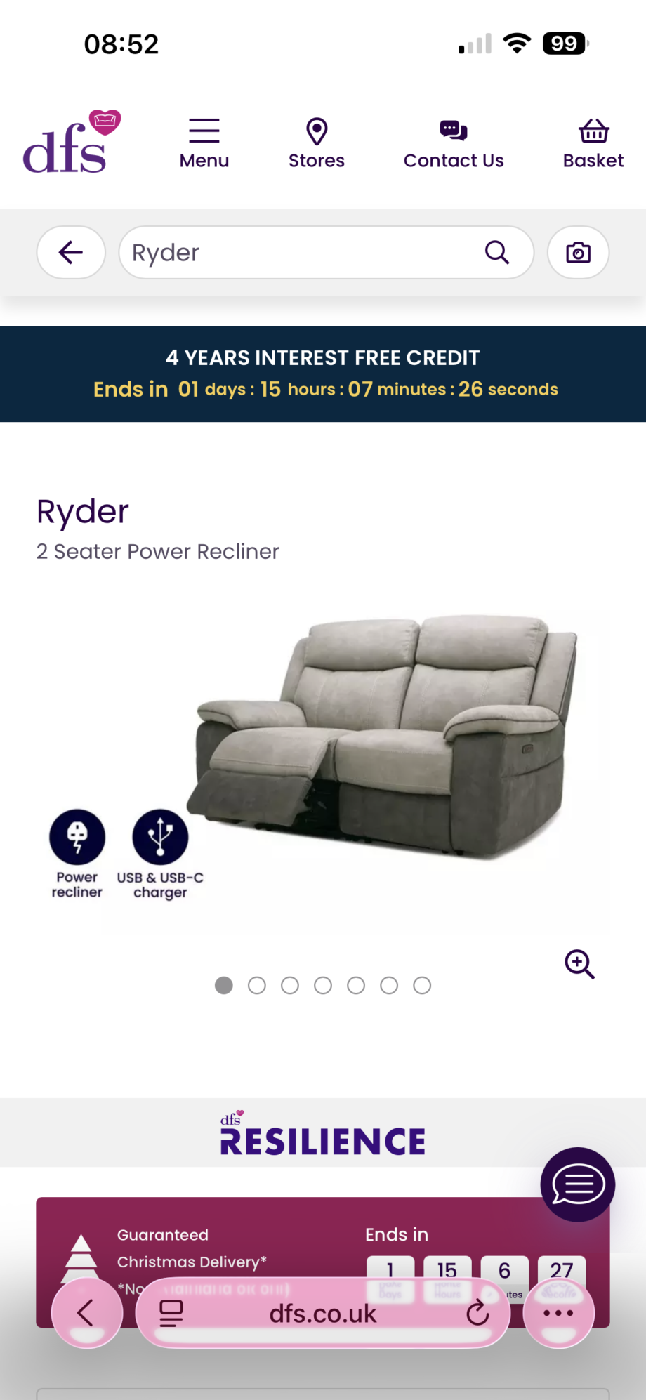 DFS Ryder power reclining 2 seater Sofa and 2 x power recliner chairs. Pewter and pepper colours.