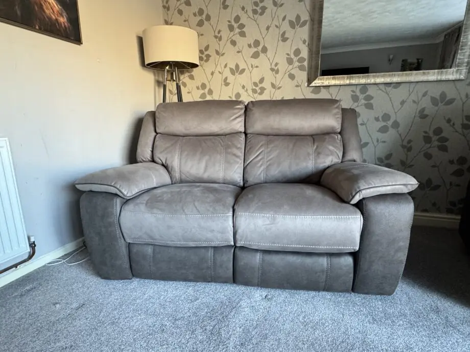 DFS Ryder power reclining 2 seater Sofa and 2 x power recliner chairs. Pewter and pepper colours.