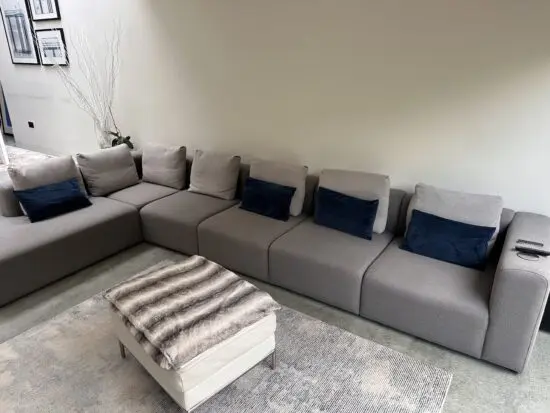 HAY modular 6 piece sofa with light grey feather back cushions inc chaise longue.