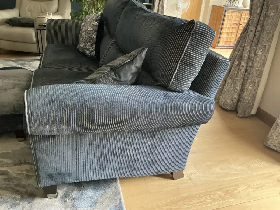 Duresta Kingston 3 piece suite. 2 x 4 seater high back settees (Colour Kensington Midnight with monarch anthracite piping) and 1 Kingston high back armchair in monarch anthracite with matching piping.