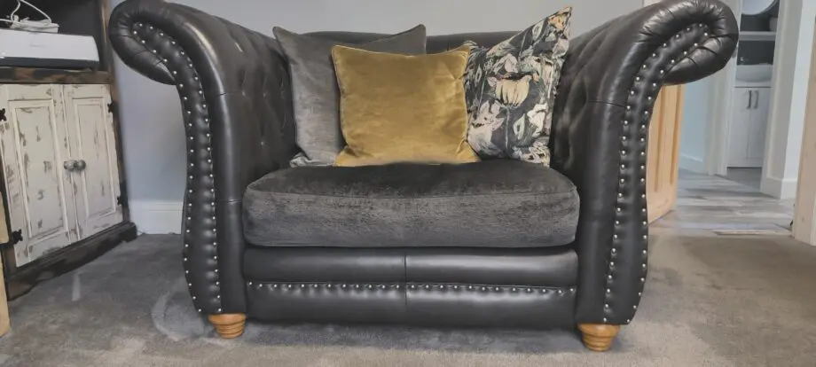 2 Sofology Leather and fabric Persia loveseat full back chesterfield style smoke/mustard