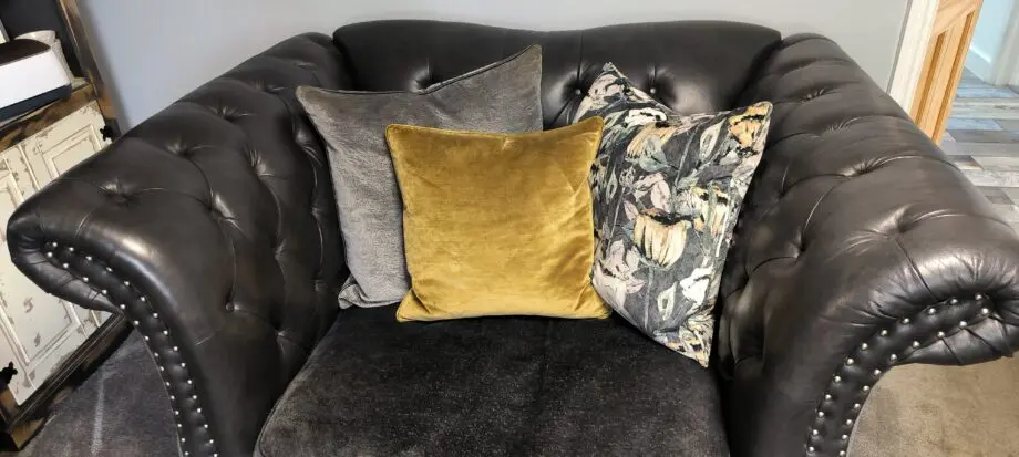 2 Sofology Leather and fabric Persia loveseat full back chesterfield style smoke/mustard