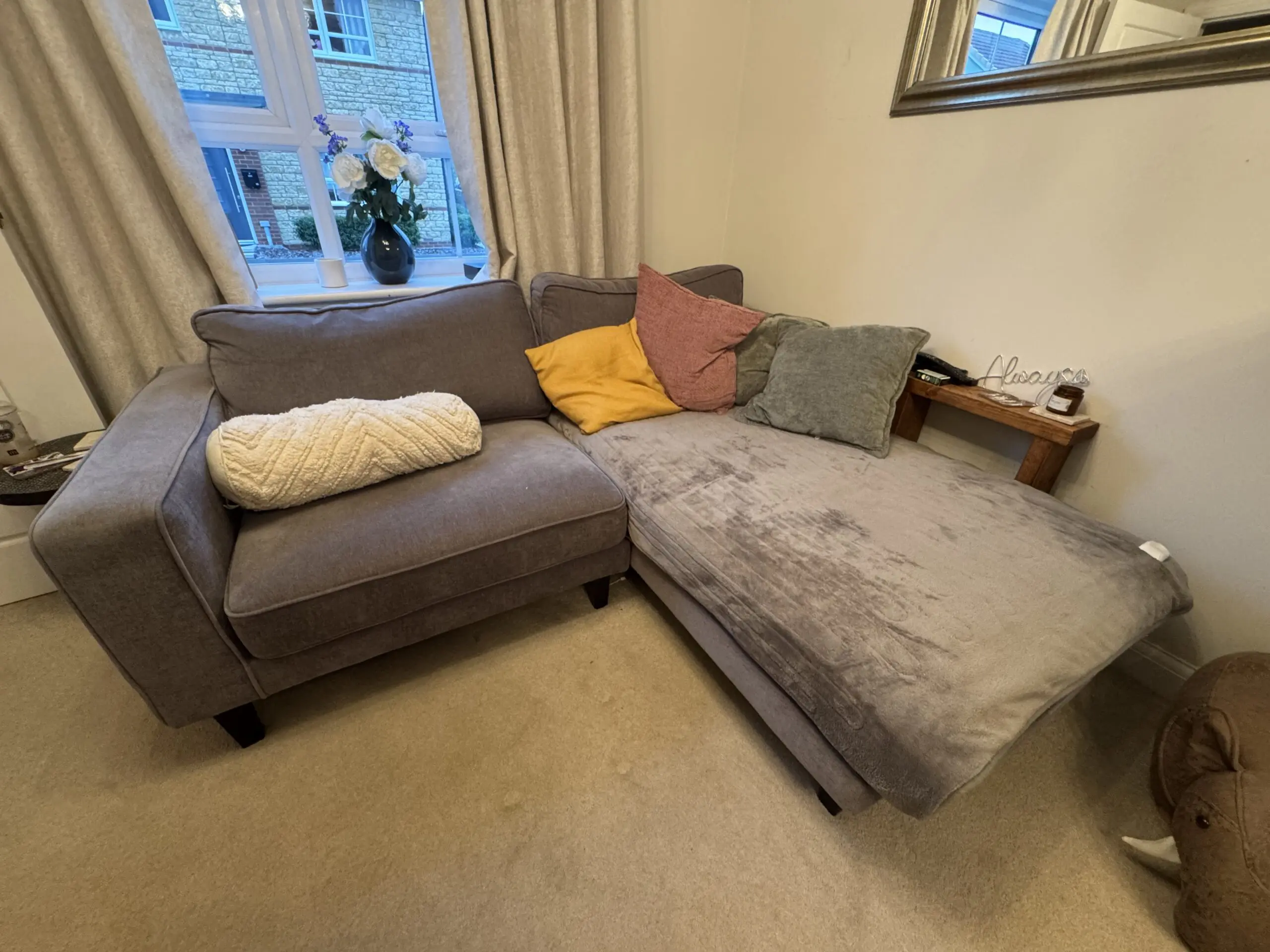 Dusk Grey Chaise Sofa Set With Pouffe