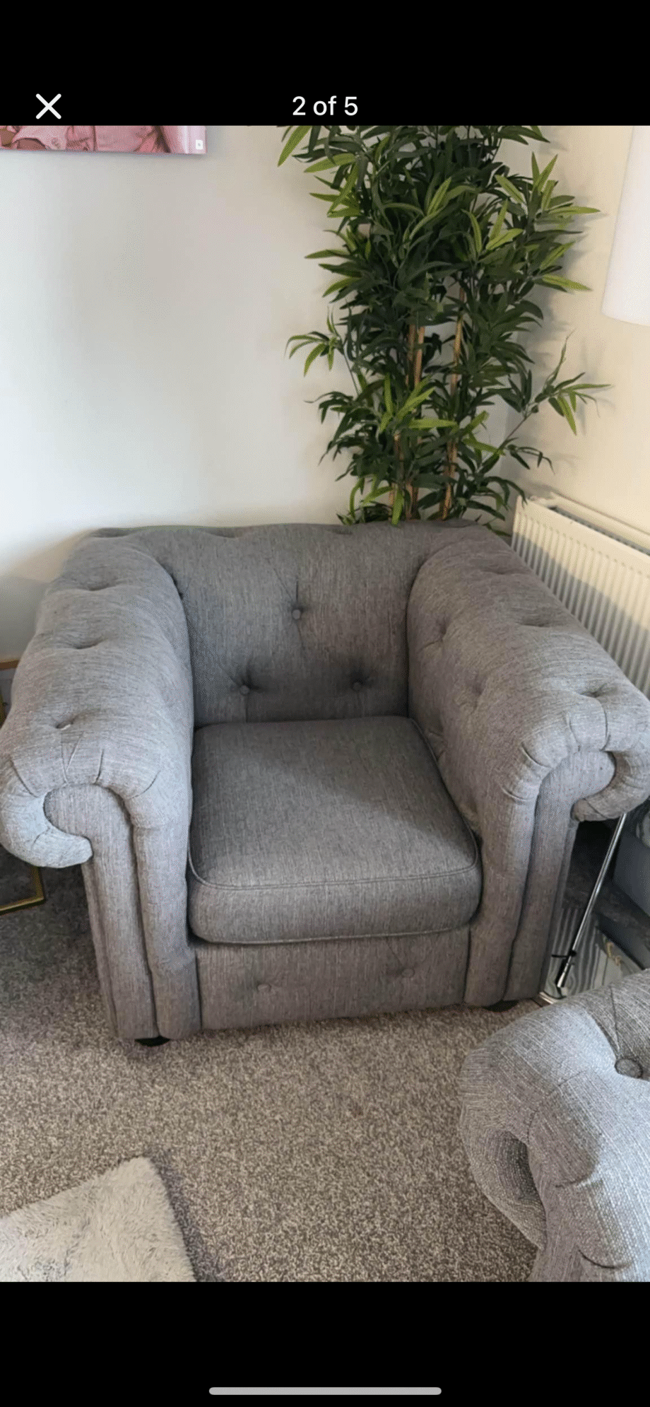 Grey Chesterfield sofa WITH FOOT STOOL (2 seater and 2 single chairs)
