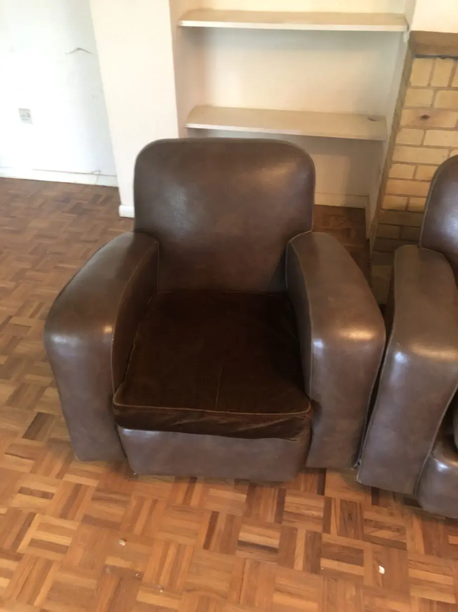 1960s brown pvc leather sofa and matching armchairs