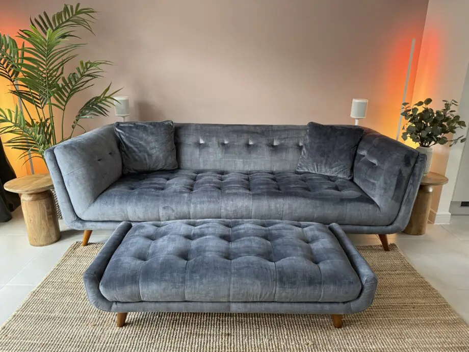 Furniture Village Heritage Granite Grey Velvet Rene 3 Seater Sofa + Footstool
