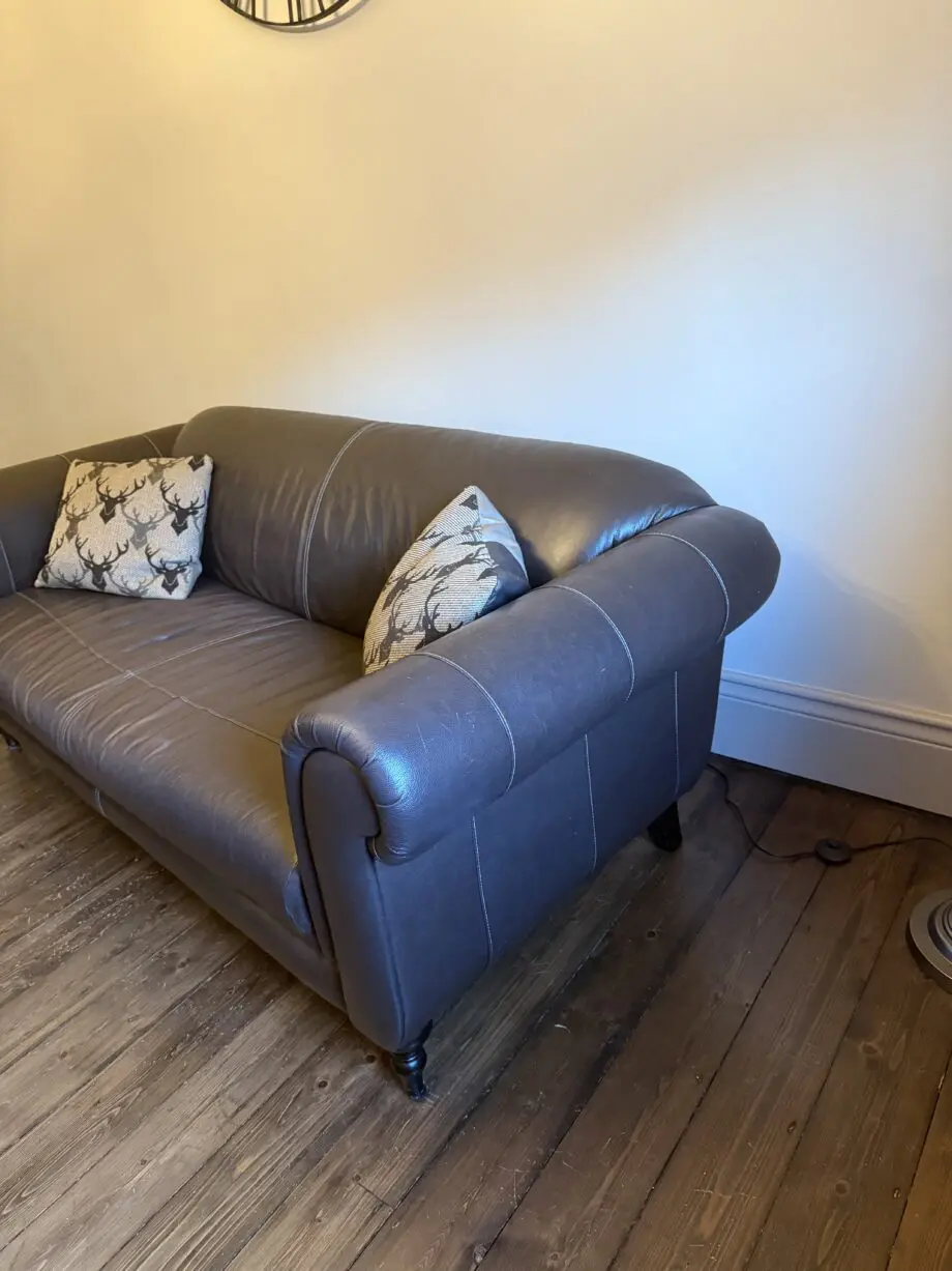 DFS 3 and 2 seater sofas. 3 seater Brown leather and 2 seater patchwork. Coordinated pieces