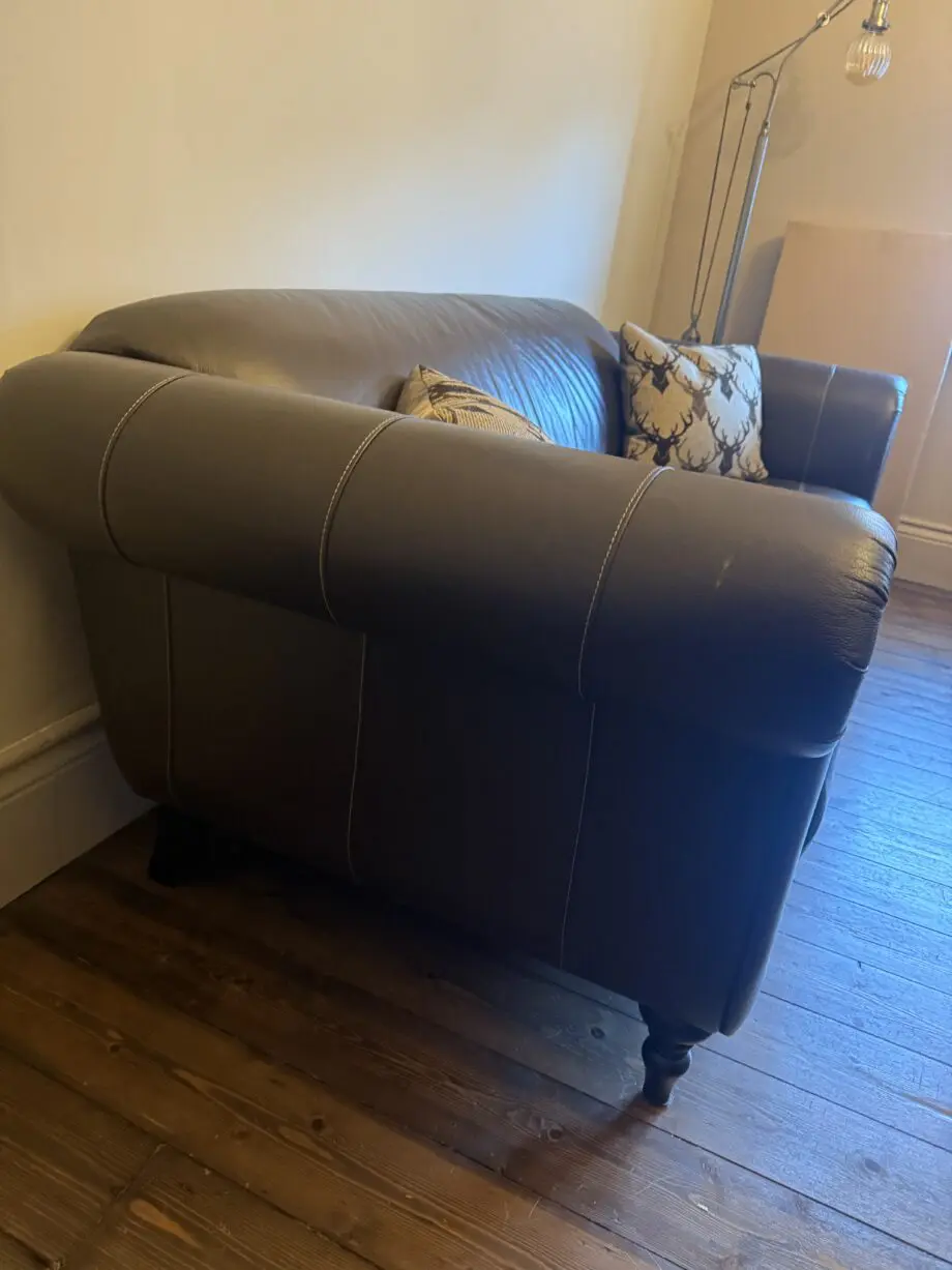 DFS 3 and 2 seater sofas. 3 seater Brown leather and 2 seater patchwork. Coordinated pieces