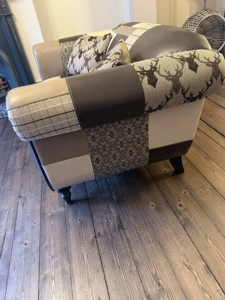 DFS 3 and 2 seater sofas. 3 seater Brown leather and 2 seater patchwork. Coordinated pieces