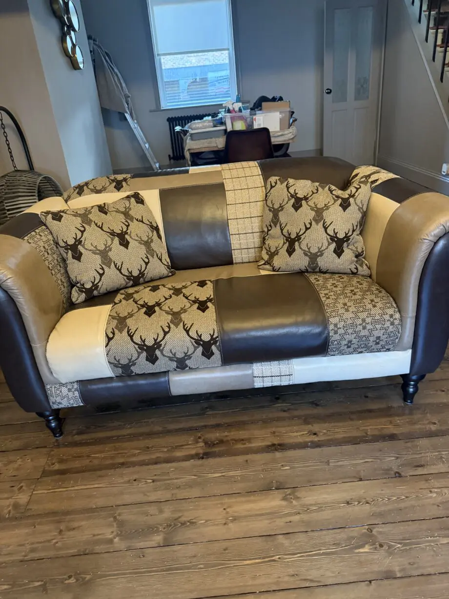 DFS 3 and 2 seater sofas. 3 seater Brown leather and 2 seater patchwork. Coordinated pieces