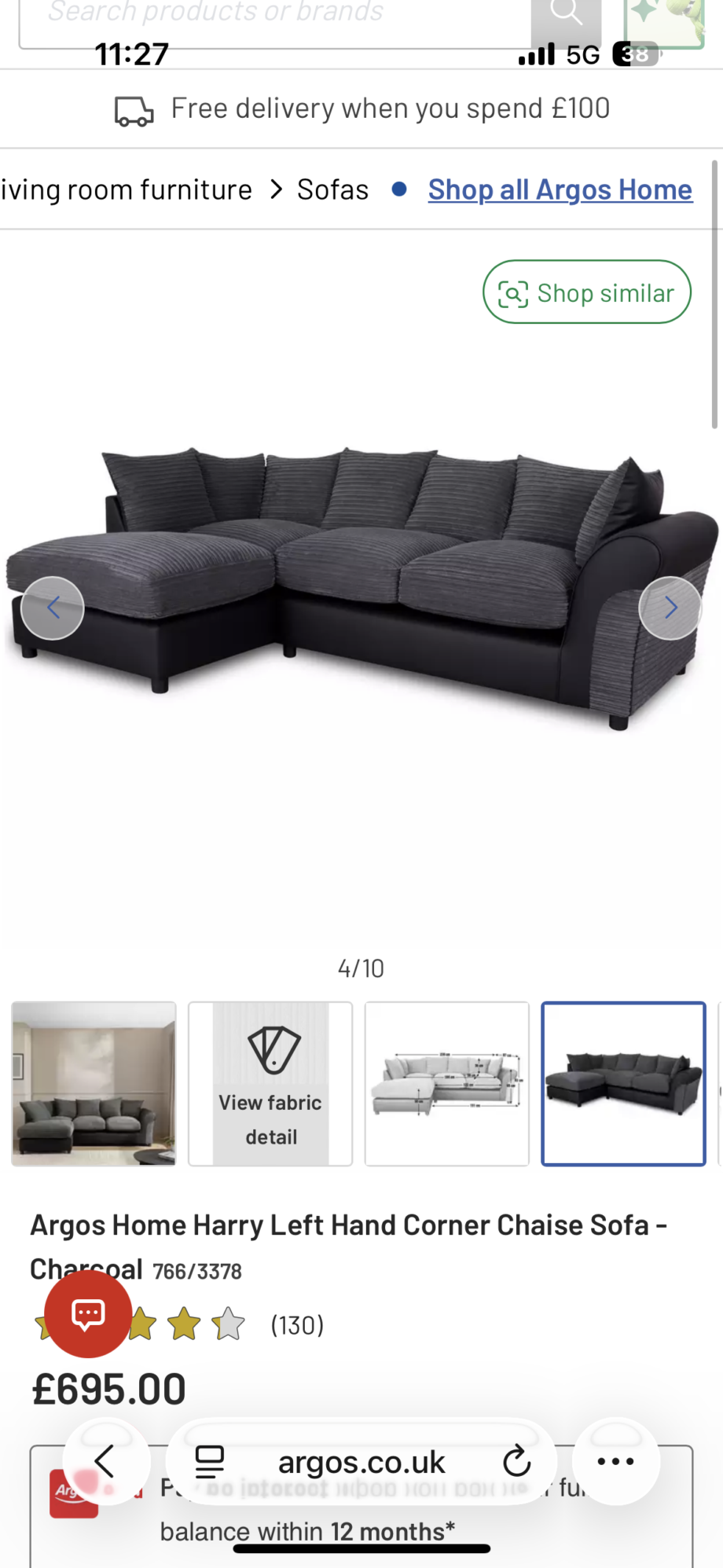 Argos Home Harry Left Hand Corner Chaise Sofa - Charcoal