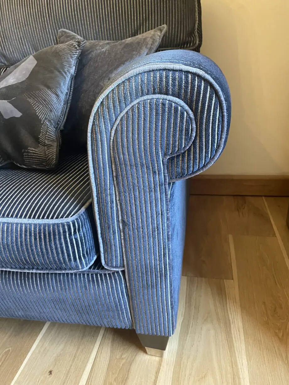 Duresta Kingston 3 piece suite. 2 x 4 seater high back settees (Colour Kensington Midnight with monarch anthracite piping) and 1 Kingston high back armchair in monarch anthracite with matching piping.