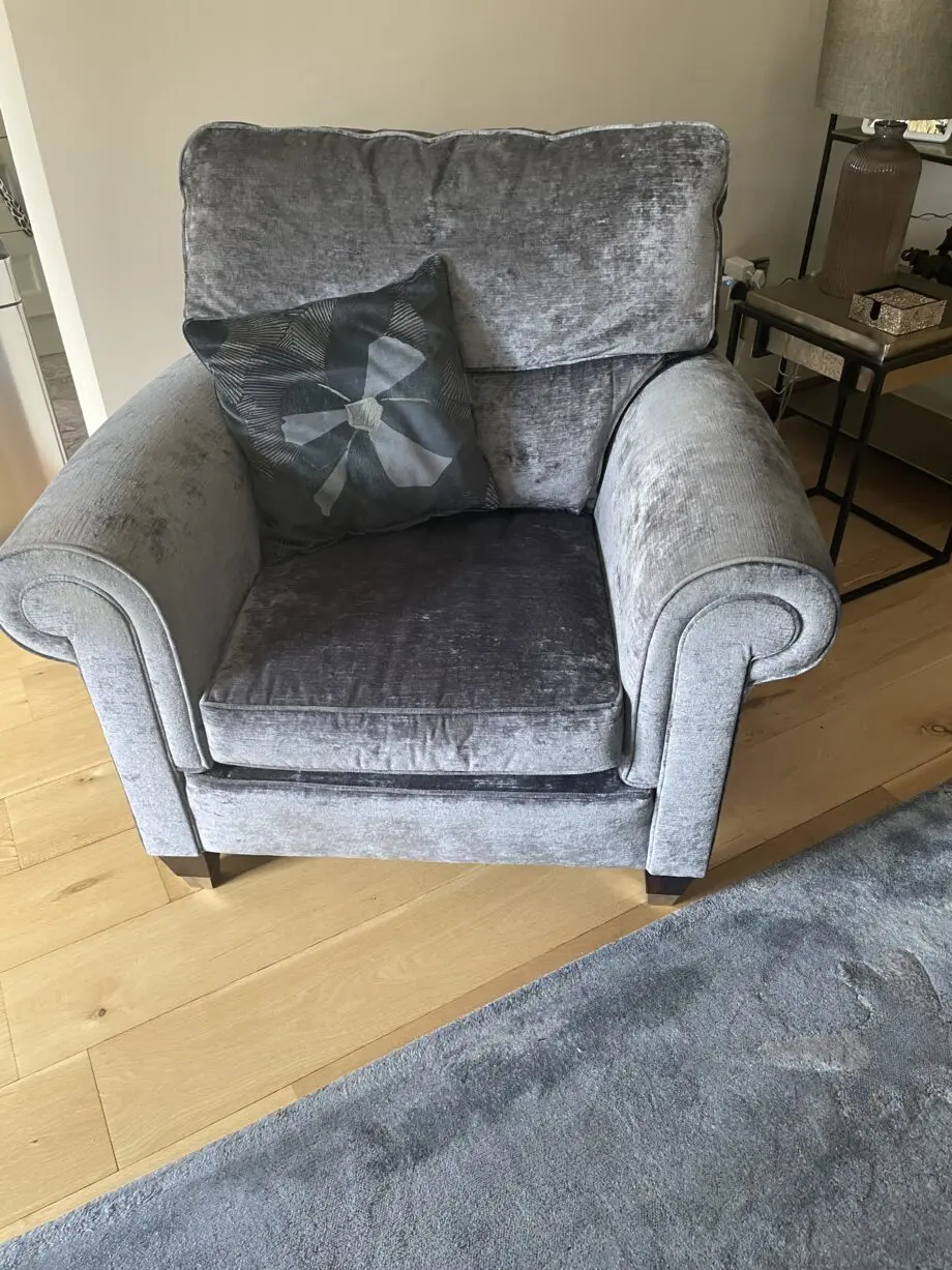 Duresta Kingston 3 piece suite. 2 x 4 seater high back settees (Colour Kensington Midnight with monarch anthracite piping) and 1 Kingston high back armchair in monarch anthracite with matching piping.