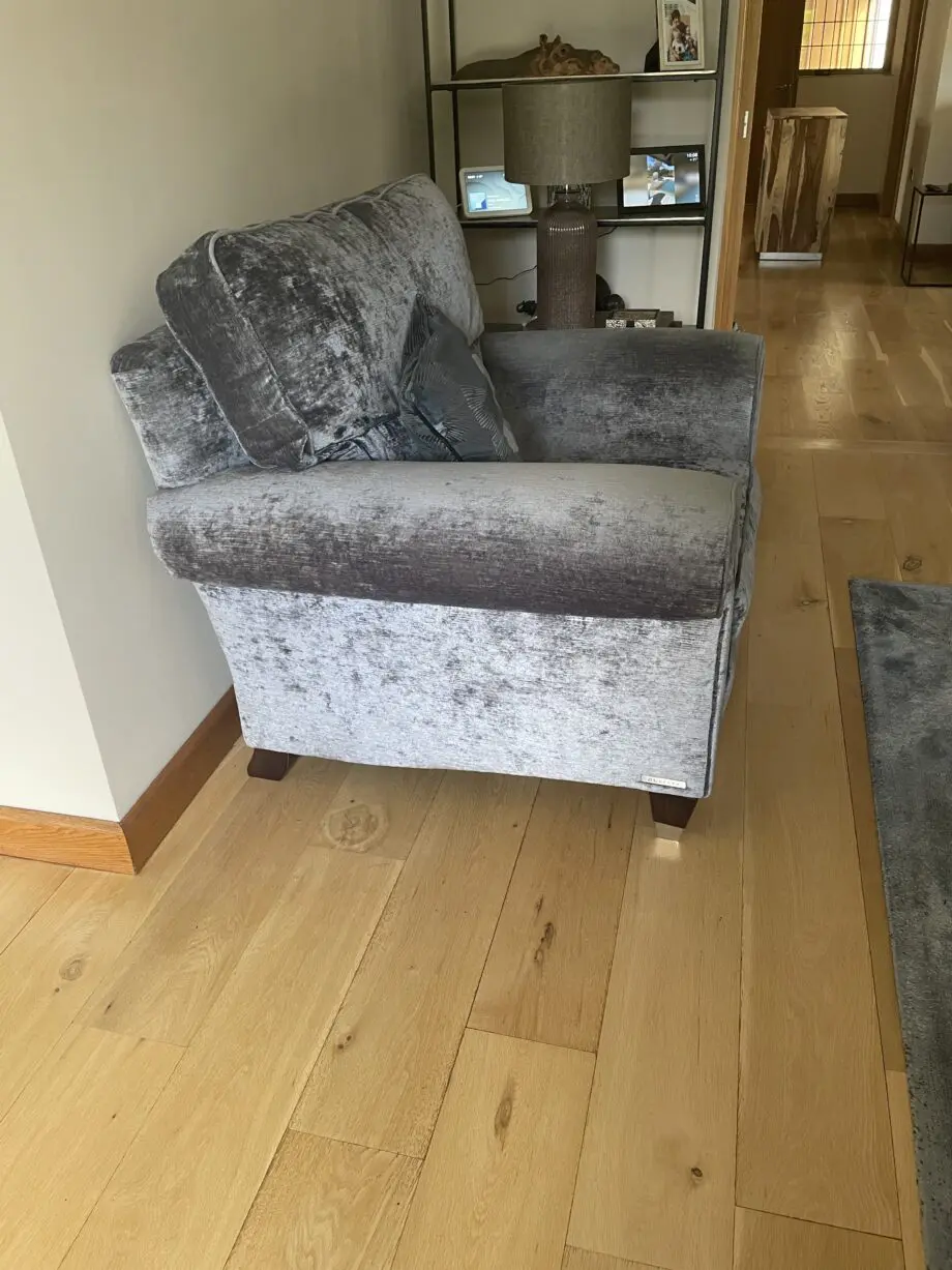 Duresta Kingston 3 piece suite. 2 x 4 seater high back settees (Colour Kensington Midnight with monarch anthracite piping) and 1 Kingston high back armchair in monarch anthracite with matching piping.