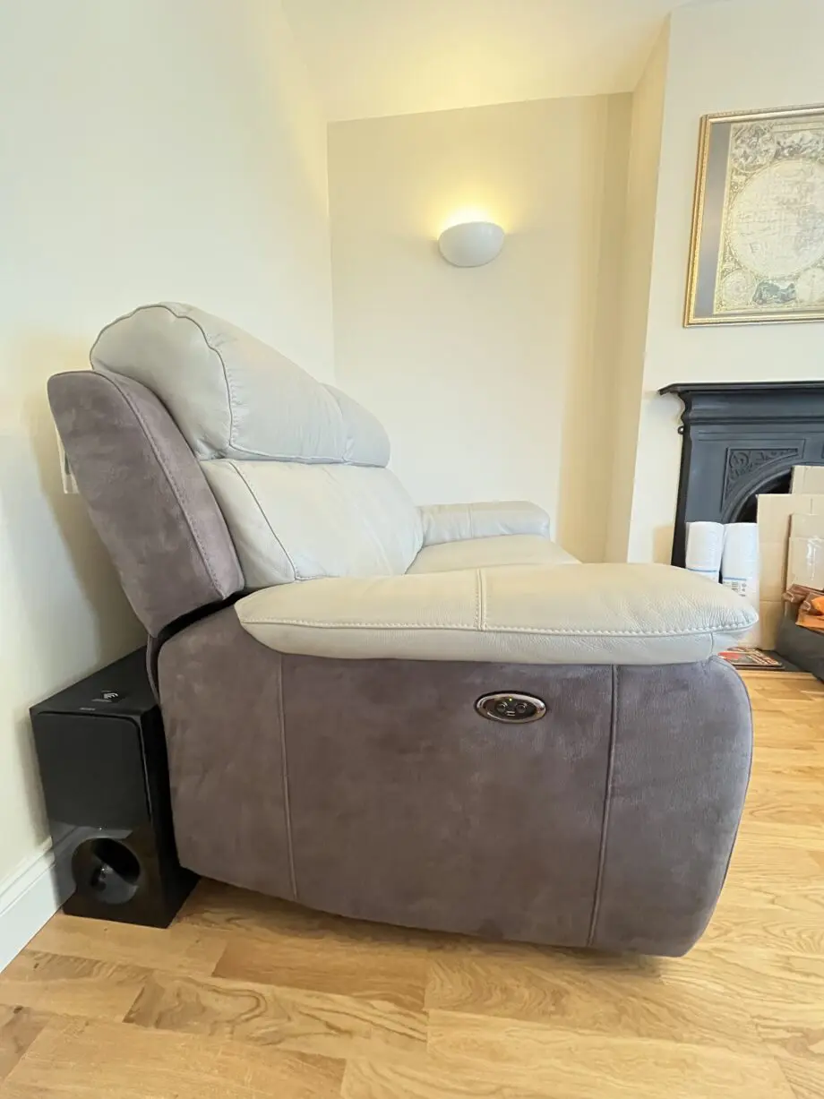 Dfs grey leather/suede power recliner with USB charge ports