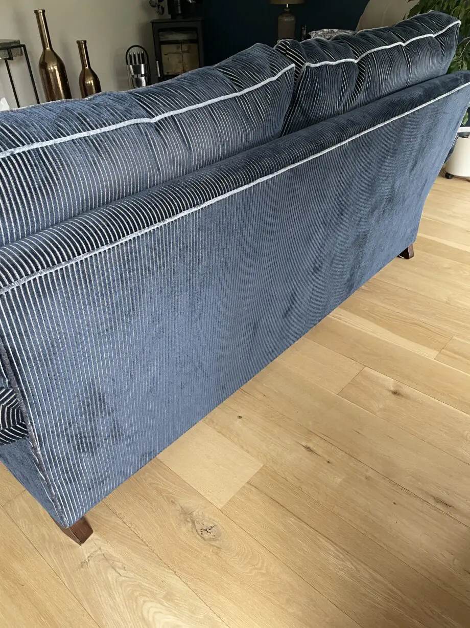 Duresta Kingston 3 piece suite. 2 x 4 seater high back settees (Colour Kensington Midnight with monarch anthracite piping) and 1 Kingston high back armchair in monarch anthracite with matching piping.