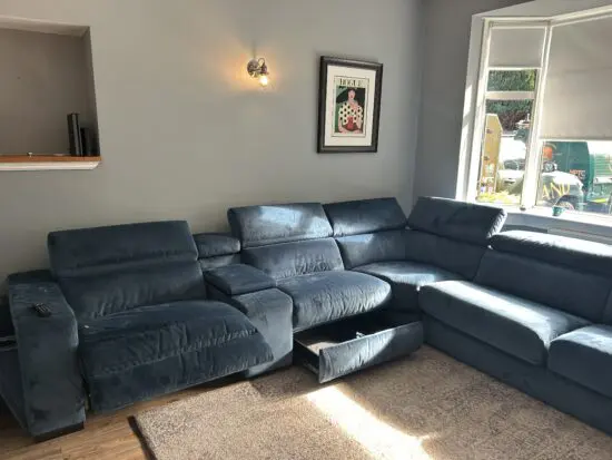 DFS Wander Velvet 2 Corner 2 Power Recliner Right Hand Facing Sofa Bed and Console