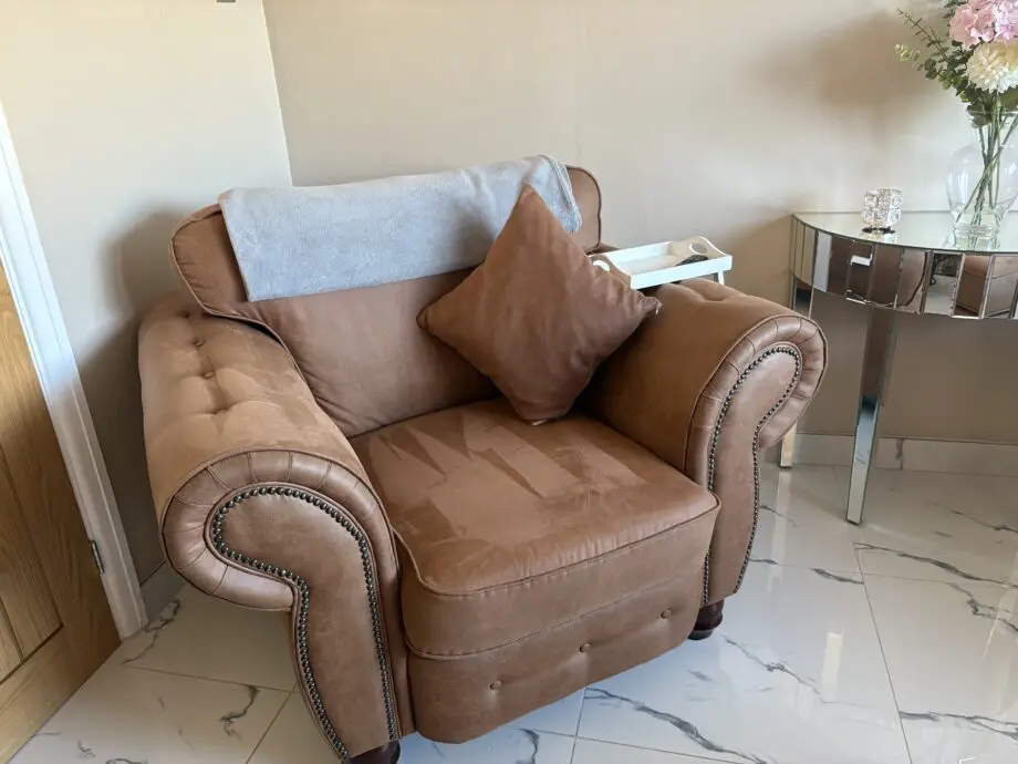 SCS Suede Tan 2 Seater Sofa + Chair + Footstool