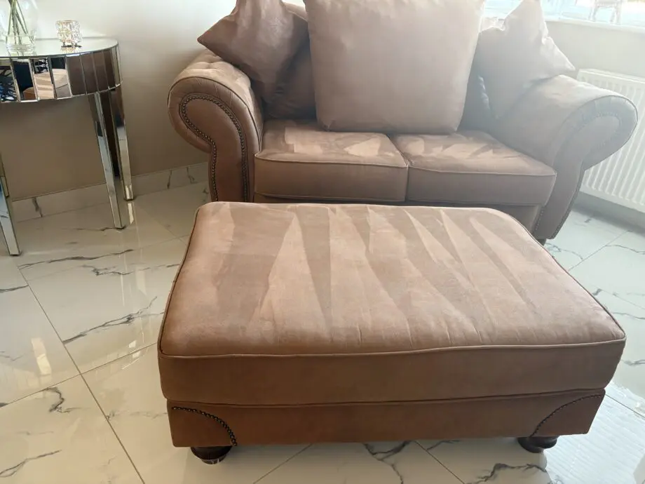 SCS Suede Tan 2 Seater Sofa + Chair + Footstool