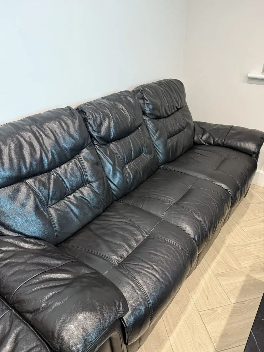 DFS Black Reclining Leather Sofa Set of 3 and Storage Stool