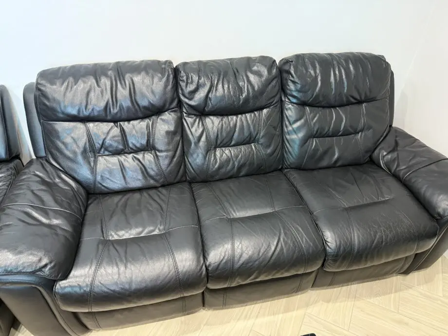 DFS Black Reclining Leather Sofa Set of 3 and Storage Stool