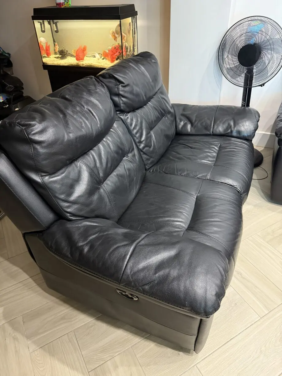DFS Black Reclining Leather Sofa Set of 3 and Storage Stool