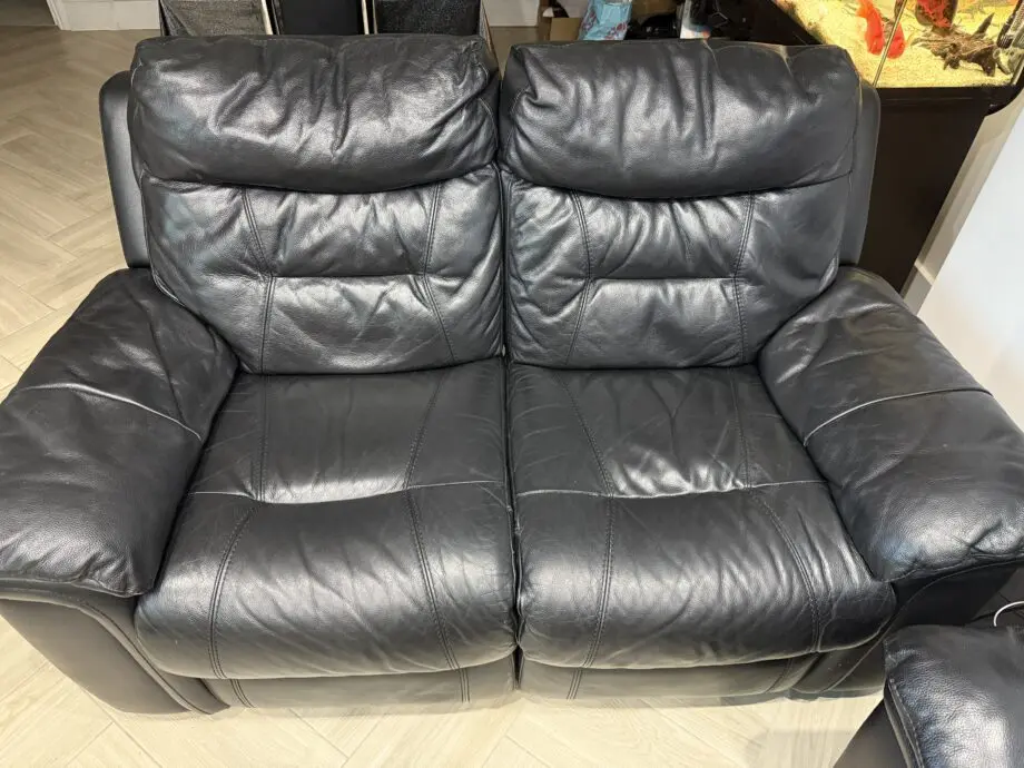 DFS Black Reclining Leather Sofa Set of 3 and Storage Stool