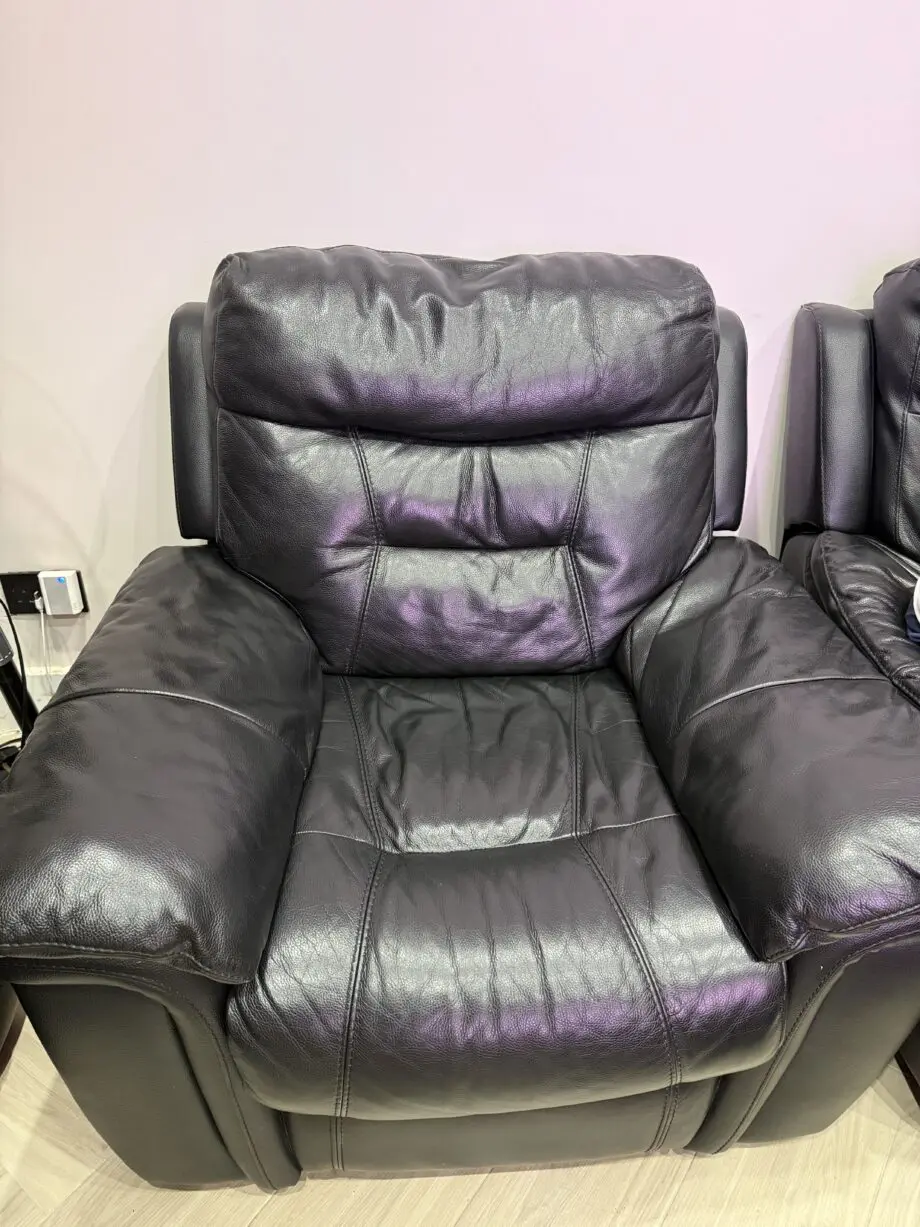DFS Black Reclining Leather Sofa Set of 3 and Storage Stool