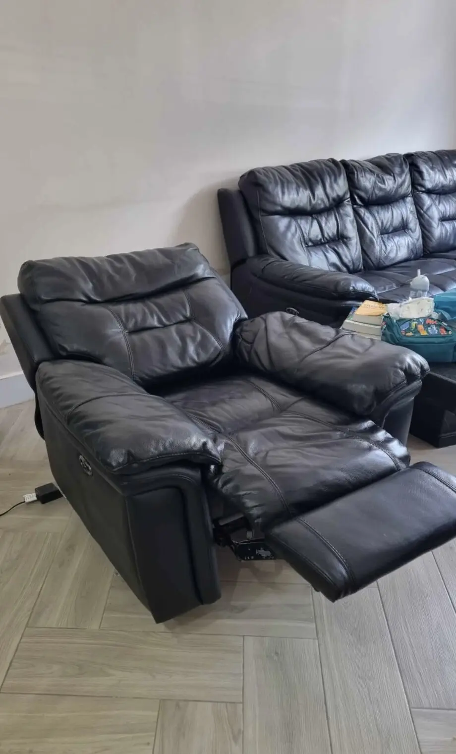 DFS Black Reclining Leather Sofa Set of 3 and Storage Stool