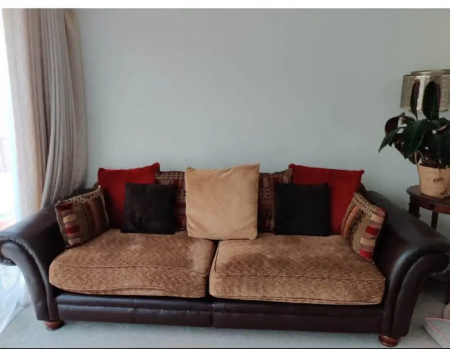 Brown leather &fabric 4 seater sofa