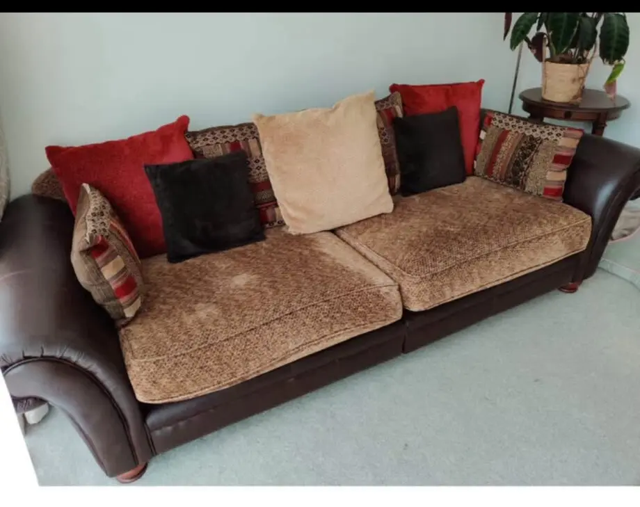 Brown leather &fabric 4 seater sofa