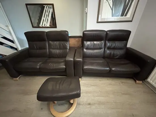 2 Stressless Brown Leather Recliner Sofas with Footstool