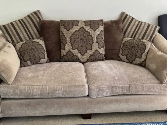 Furniture village annalise 4 seater sofa with scatter back cushions and large storage Footstool. In Sherlock mink with dark wood feet