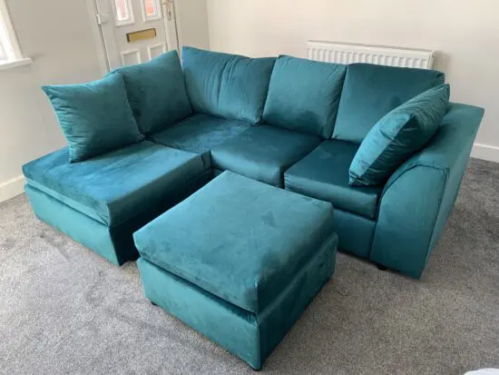 Dark teal left corner sofa with matching footstool
