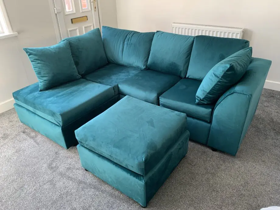 Dark teal left corner sofa with matching footstool