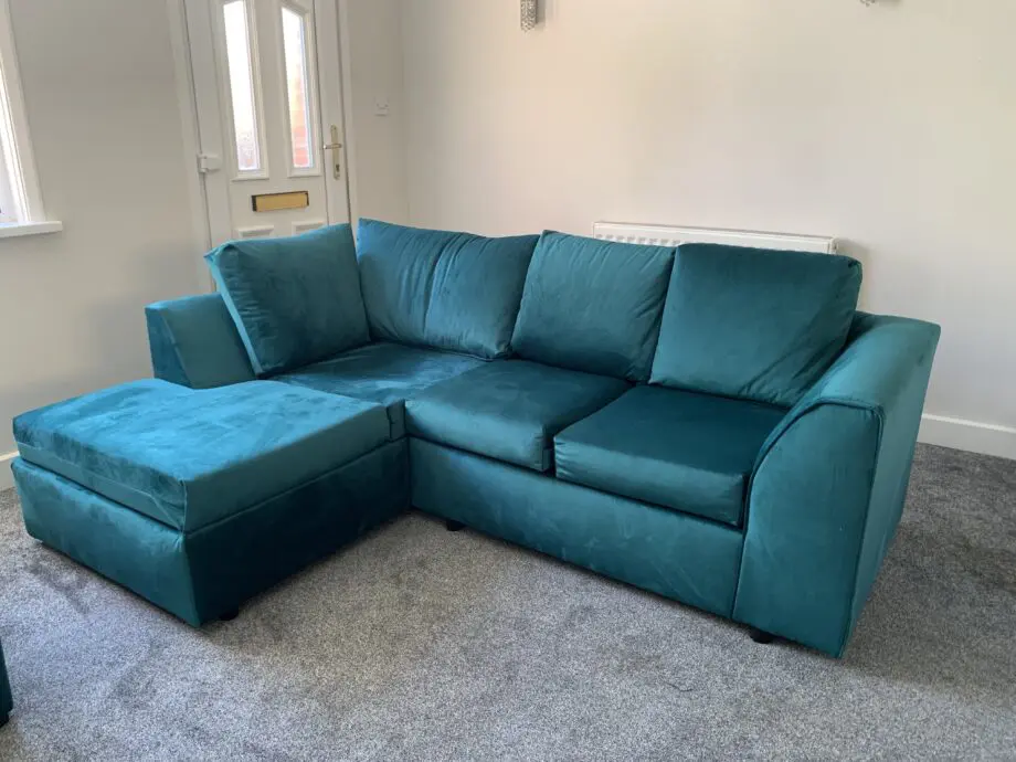Dark teal left corner sofa with matching footstool