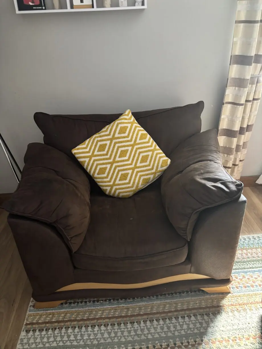 FW Homestores Brown Allison sofa, 2 chairs and storage footstool