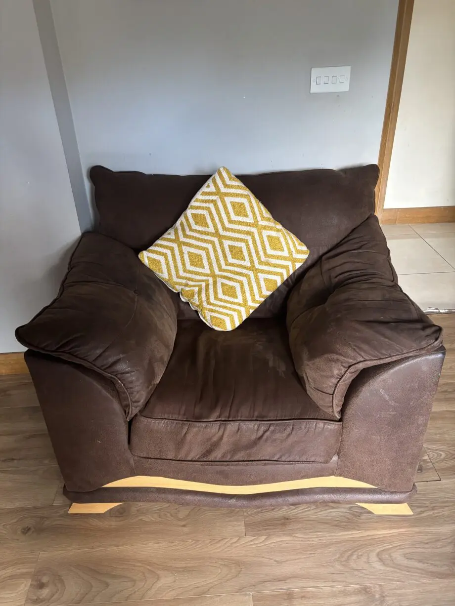 FW Homestores Brown Allison sofa, 2 chairs and storage footstool