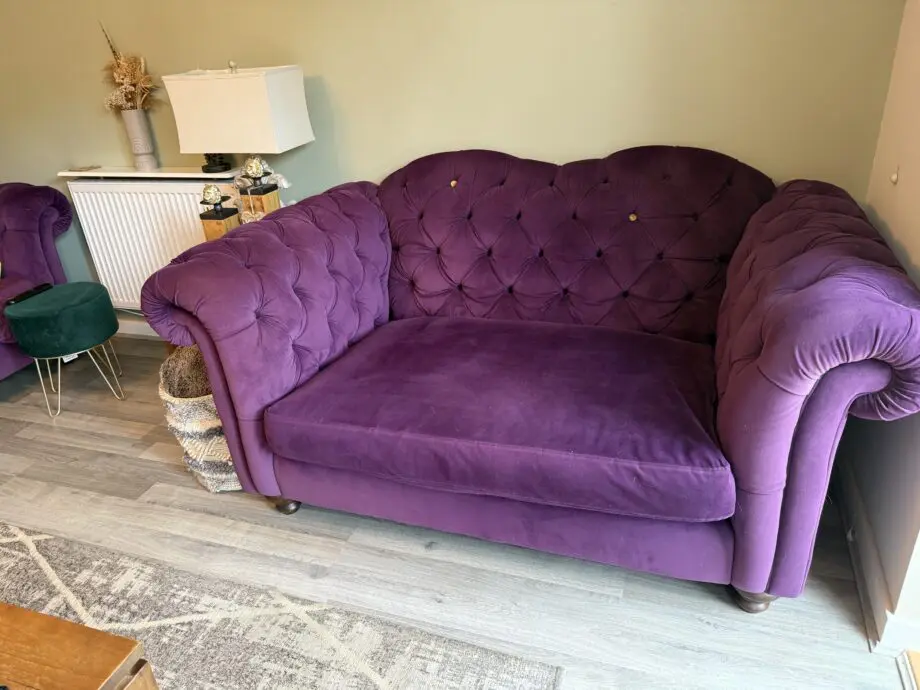 3 seater and cuddler purple velvet joules sofa