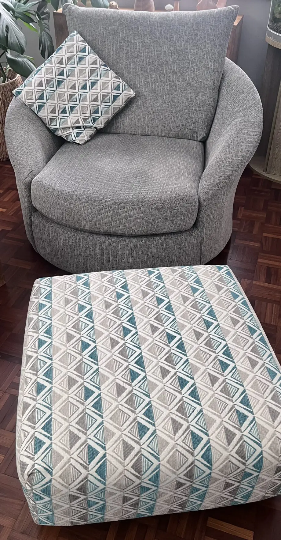 SCS grey sofa with matching grey swivel cuddle chair