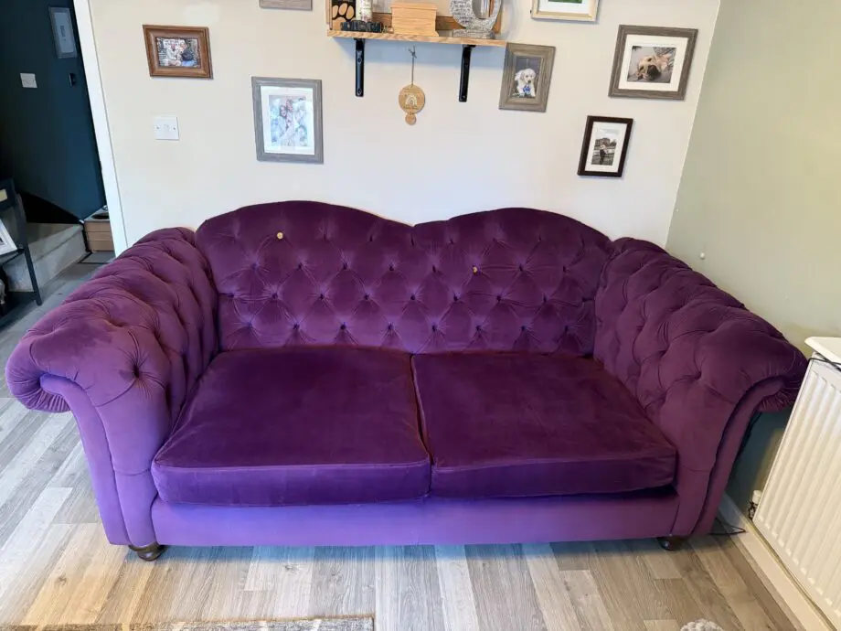 3 seater and cuddler purple velvet joules sofa
