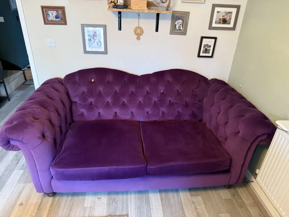3 seater and cuddler purple velvet joules sofa