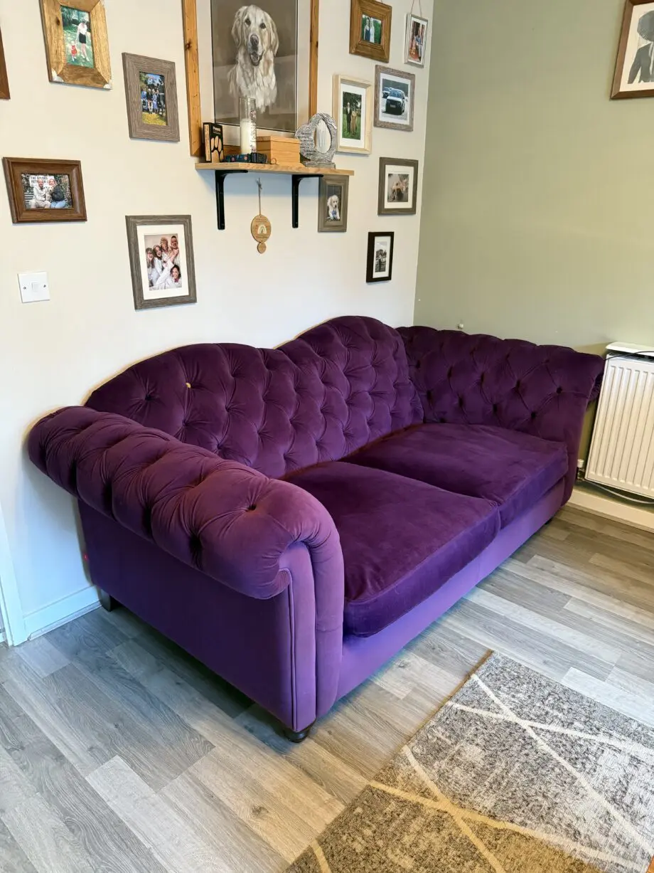 3 seater and cuddler purple velvet joules sofa
