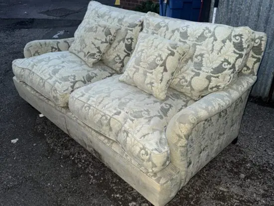 Vintage Two-Seated Sofa in Cream Damask Upholstery with Scatter Cushions - Stately Home