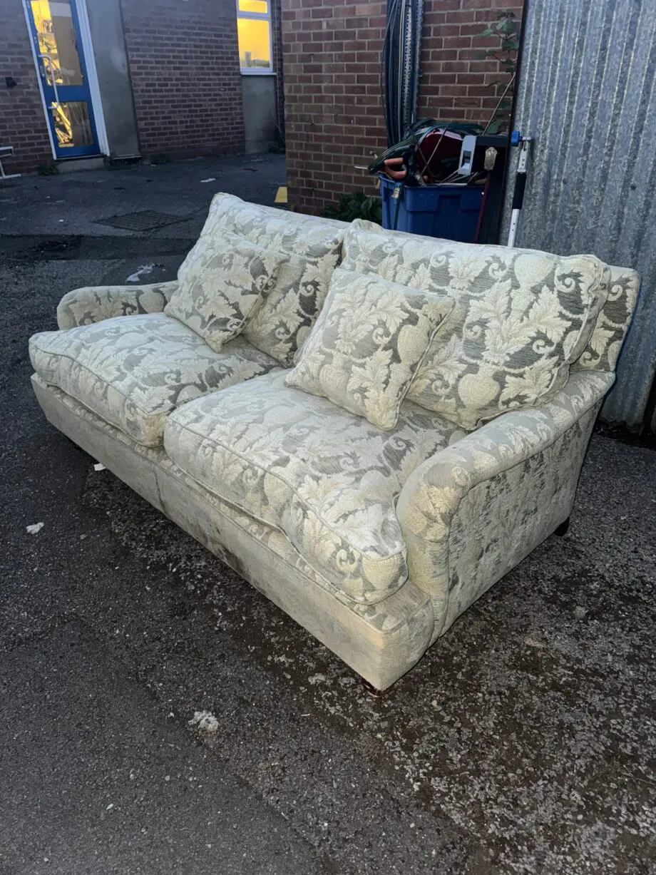 Vintage Two-Seated Sofa in Cream Damask Upholstery with Scatter Cushions - Stately Home