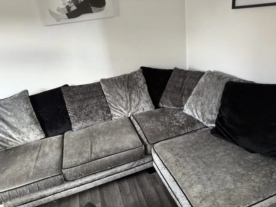 DFS crushed velvet corner sofa, chair and footstool with storage