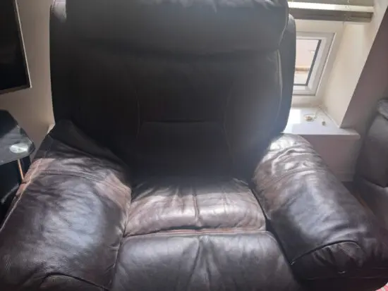 Brown leather 3 seater, 2 seater and a recliner sofa